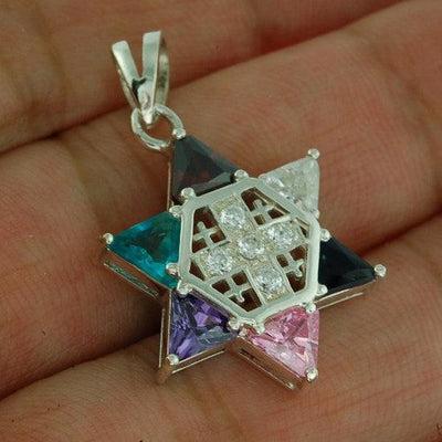 Jerusalem cross Silver 925 Pendant With Magen David & Colored Stones - Spring Nahal