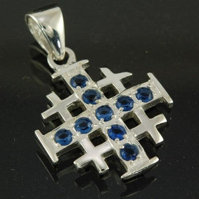 Jerusalem Cross Silver Pendant with Blue Gemstones + 925 Silver Necklace - Spring Nahal