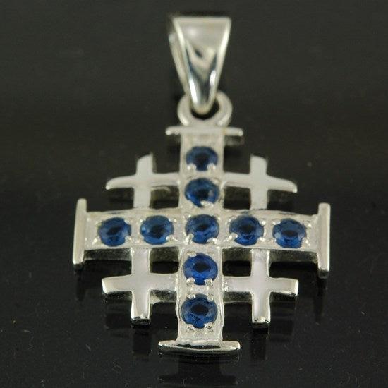 Jerusalem Cross Silver Pendant with Blue Gemstones + 925 Silver Necklace - Spring Nahal