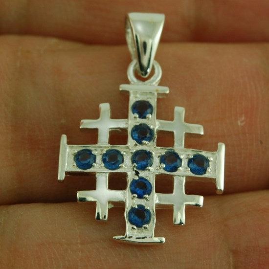 Jerusalem Cross Silver Pendant with Blue Gemstones + 925 Silver Necklace - Spring Nahal