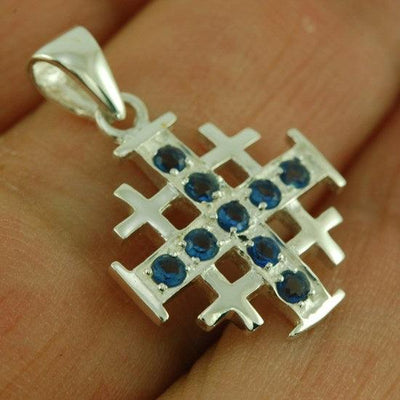 Jerusalem Cross Silver Pendant with Blue Gemstones + 925 Silver Necklace - Spring Nahal