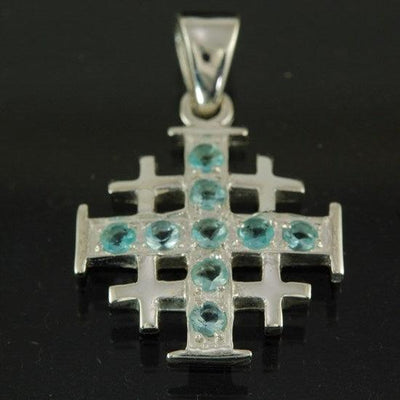Jerusalem Cross Silver Pendant with Light Blue Gemstones + 925 Silver Necklace - Spring Nahal