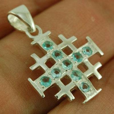 Jerusalem Cross Silver Pendant with Light Blue Gemstones + 925 Silver Necklace - Spring Nahal
