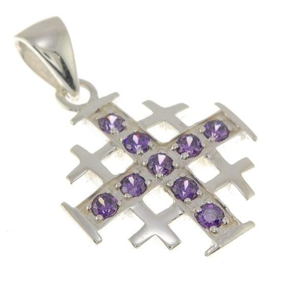 Jerusalem Cross Silver Pendant with Purple Gemstones + 925 Silver Necklace - Spring Nahal