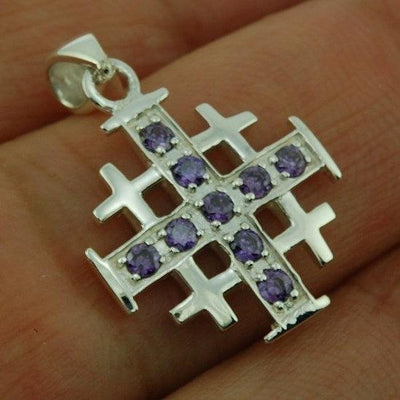 Jerusalem Cross Silver Pendant with Purple Gemstones + 925 Silver Necklace - Spring Nahal