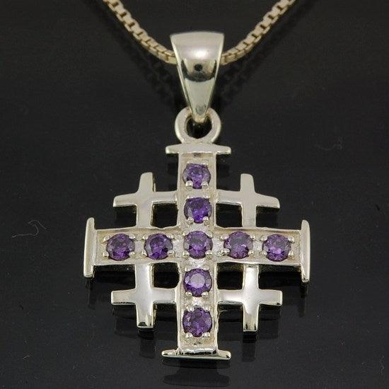 Jerusalem Cross Silver Pendant with Purple Gemstones + 925 Silver Necklace - Spring Nahal