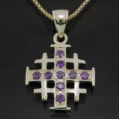 Jerusalem Cross Silver Pendant with Purple Gemstones + 925 Silver Necklace - Spring Nahal