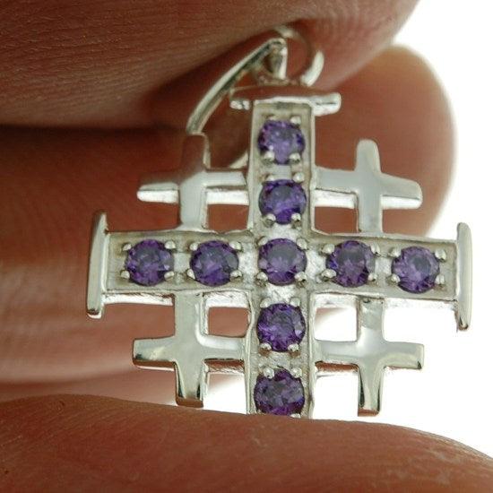 Jerusalem Cross Silver Pendant with Purple Gemstones + 925 Silver Necklace - Spring Nahal