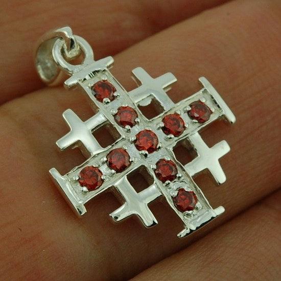 Jerusalem Cross Silver Pendant with Red Gemstones + 925 Silver Necklace - Spring Nahal