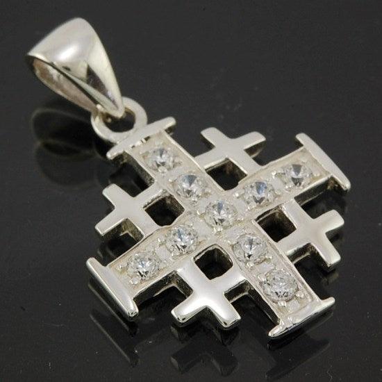 Jerusalem Cross Silver Pendant with White Gemstones + 925 Silver Necklace - Spring Nahal