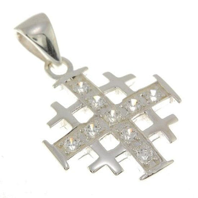 Jerusalem Cross Silver Pendant with White Gemstones + 925 Silver Necklace - Spring Nahal