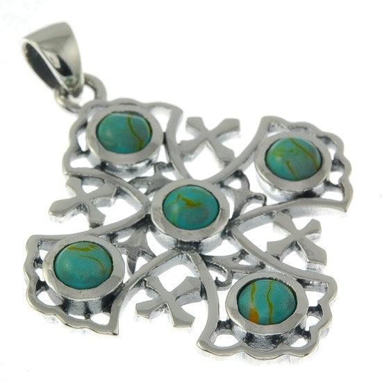 Jerusalem Cross Sterling Silver 925 Pendant With 5 Blue Gemstone - Spring Nahal