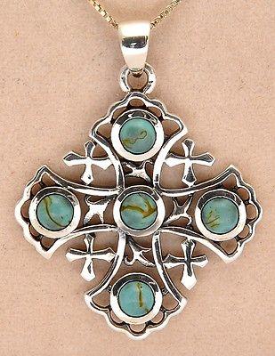 Jerusalem Cross Sterling Silver 925 Pendant With 5 Blue Gemstone - Spring Nahal