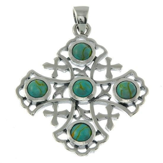 Jerusalem Cross Sterling Silver 925 Pendant With 5 Blue Gemstone - Spring Nahal