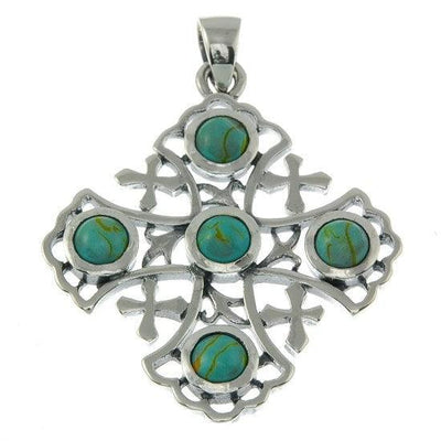 Jerusalem Cross Sterling Silver 925 Pendant With 5 Blue Gemstone - Spring Nahal