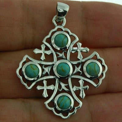 Jerusalem Cross Sterling Silver 925 Pendant With 5 Blue Gemstone - Spring Nahal