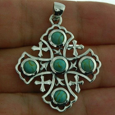 Jerusalem Cross Sterling Silver 925 Pendant With 5 Blue Gemstone - Spring Nahal