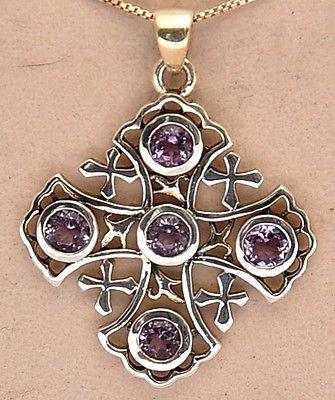 Jerusalem Cross Sterling Silver 925 Pendant With 5 Pink Gemstone - Spring Nahal