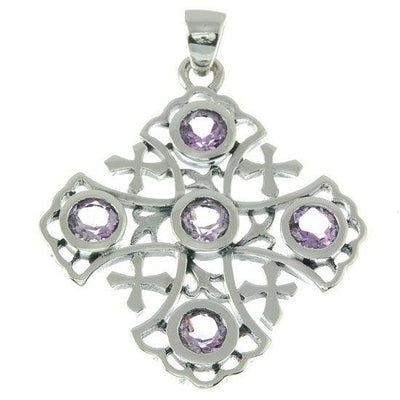 Jerusalem Cross Sterling Silver 925 Pendant With 5 Pink Gemstone - Spring Nahal
