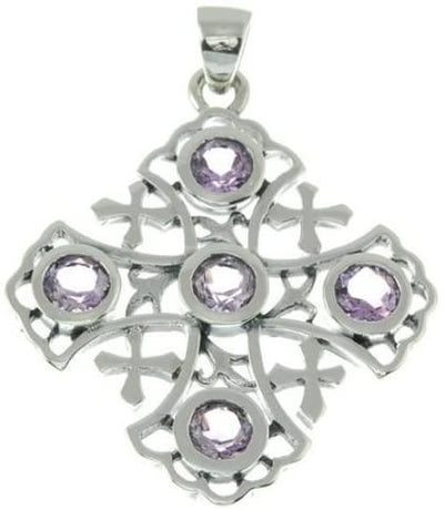 Jerusalem Cross Sterling Silver 925 Pendant With 5 Purple Gemstone - Spring Nahal