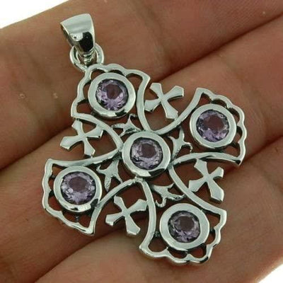 Jerusalem Cross Sterling Silver 925 Pendant With 5 Purple Gemstone - Spring Nahal