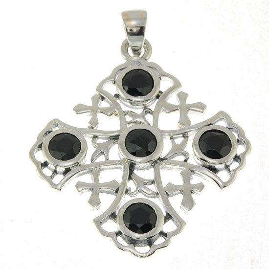 Jerusalem Cross Sterling Silver 925 Pendant With Black Gemstones - Spring Nahal