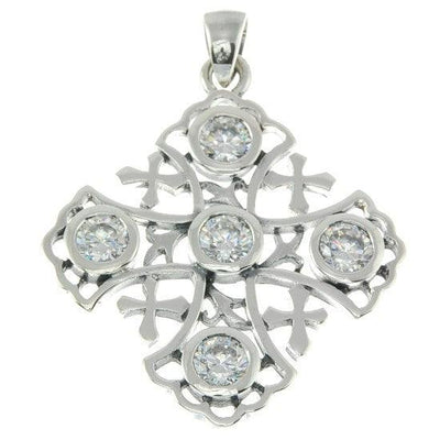 Jerusalem Cross Sterling Silver 925 Pendant With White Gemstones - Spring Nahal