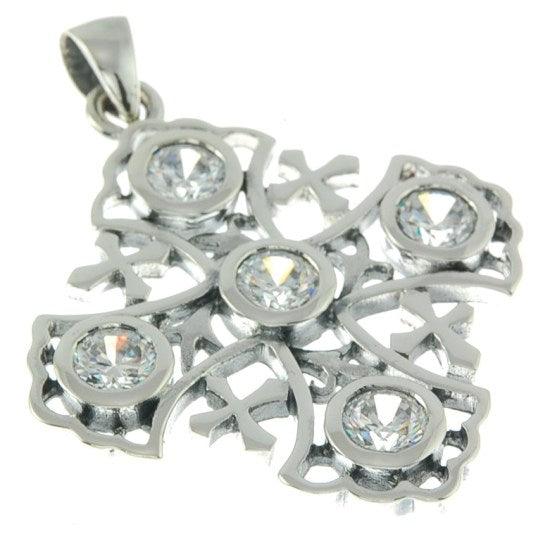 Jerusalem Cross Sterling Silver 925 Pendant With White Gemstones - Spring Nahal