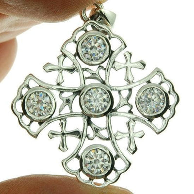 Jerusalem Cross Sterling Silver 925 Pendant With White Gemstones - Spring Nahal