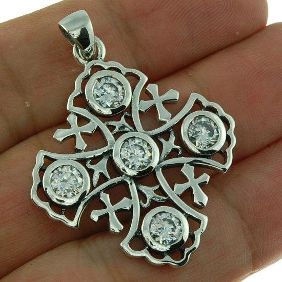 Jerusalem Cross Sterling Silver 925 Pendant With White Gemstones - Spring Nahal