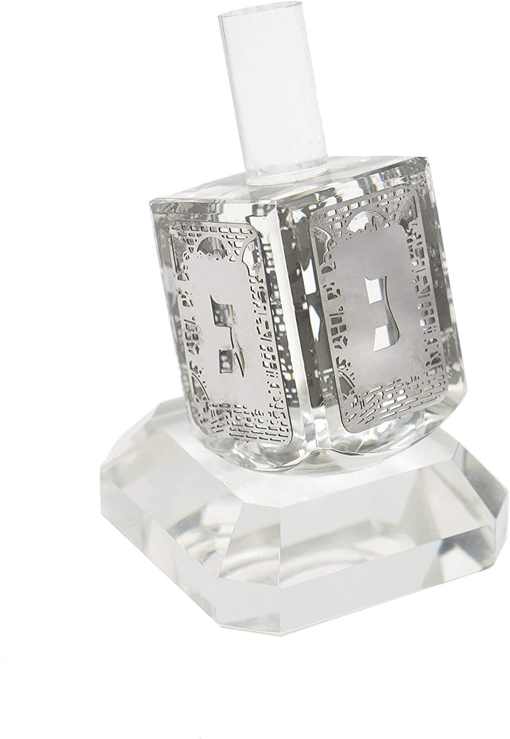 Jerusalem Holyland Crystal Glass Dreidel Made in with Pedestal and Silver Ornaments - Spring Nahal