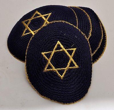 Lot of 5 x Embroidery Black & Gold Magen David Kippahs Hand Made From Jerusalem. - Spring Nahal