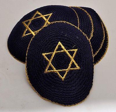 Lot of 5 x Embroidery Black & Gold Magen David Kippahs Hand Made From Jerusalem. - Spring Nahal