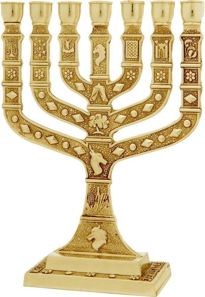 Medium Authentic Menorah In Gold Plated With 12 Signs From Jerusalem (sp) - Spring Nahal