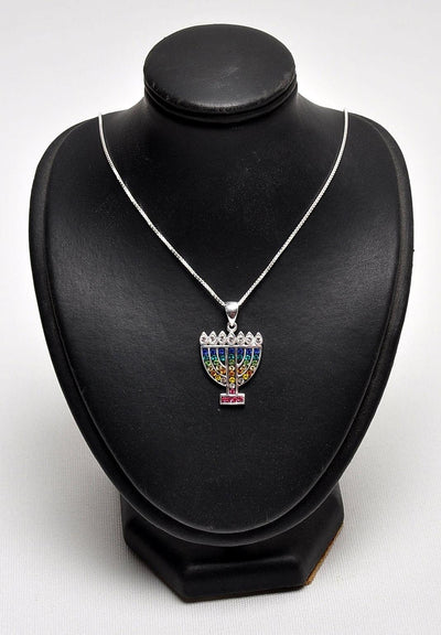 Menorah Pendant With Mix Color Gemstone Sterling Silver 925 - Spring Nahal