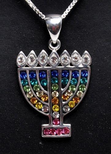 Menorah Pendant With Mix Color Gemstone Sterling Silver 925 - Spring Nahal