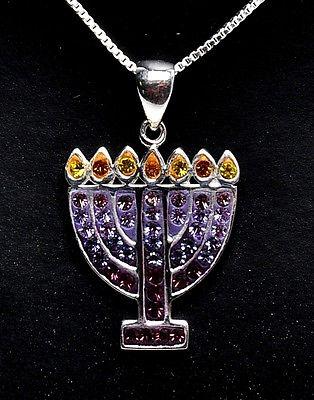 Menorah Pendant With Mix Purple Gemstone Sterling Silver 925 - Spring Nahal