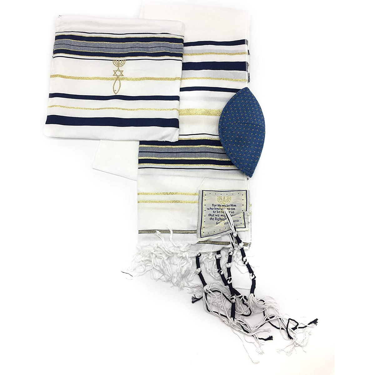 Messianic Tallit Prayer Shawl Covenant in English/Hebrew with Bag and Kippah