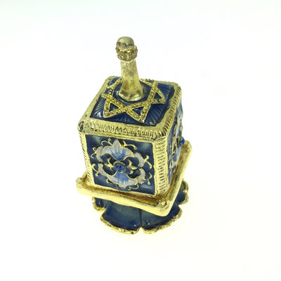 Metal Dreidel With Base in Blue Magen David Hand Made Enamel Painting - Spring Nahal