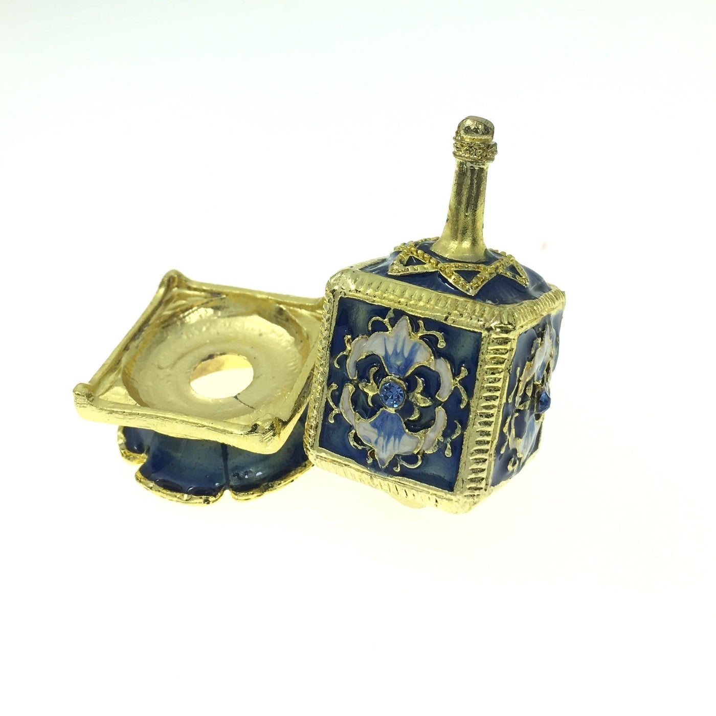 Metal Dreidel With Base in Blue Magen David Hand Made Enamel Painting - Spring Nahal