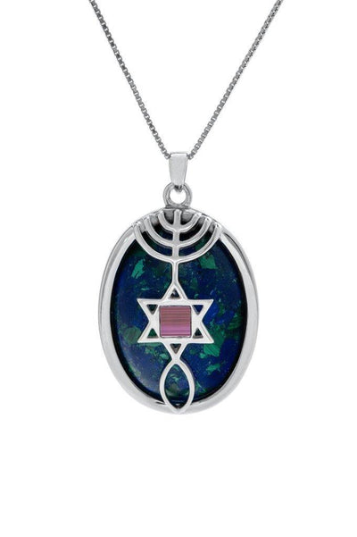 Nano Sim NT Oval Convex Silver Pendant - The Messianic symbol Studded with Crizocola Stone - Spring Nahal