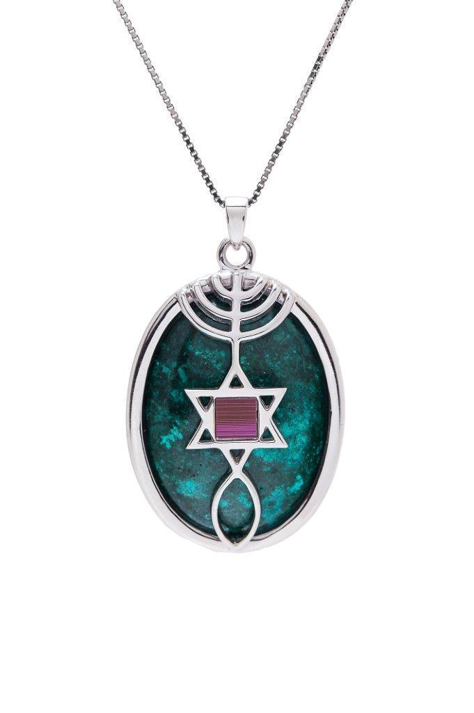 Nano Sim NT Oval Convex Silver Pendant - The Messianic Symbol Studded with Eilat stone - Spring Nahal