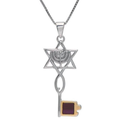 Nano Sim NT Silver and 9K Gold Pendant - The Messianic Symbol with Menorah in Key Design - Spring Nahal