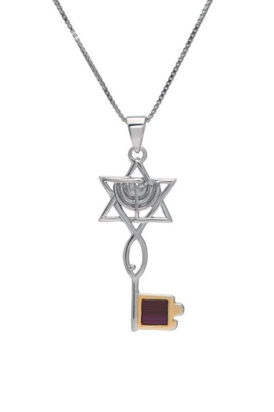 Nano Sim NT Silver and 9K Gold Pendant - The Messianic Symbol with Menorah in Key Design - Spring Nahal