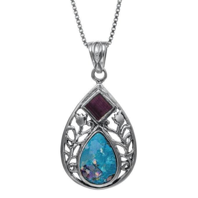 Nano Sim NT Silver Pendant - Drop and Floral Decoration Studded with Roman Glass - Spring Nahal