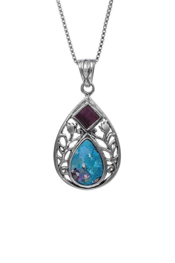 Nano Sim NT Silver Pendant - Drop and Floral Decoration Studded with Roman Glass - Spring Nahal