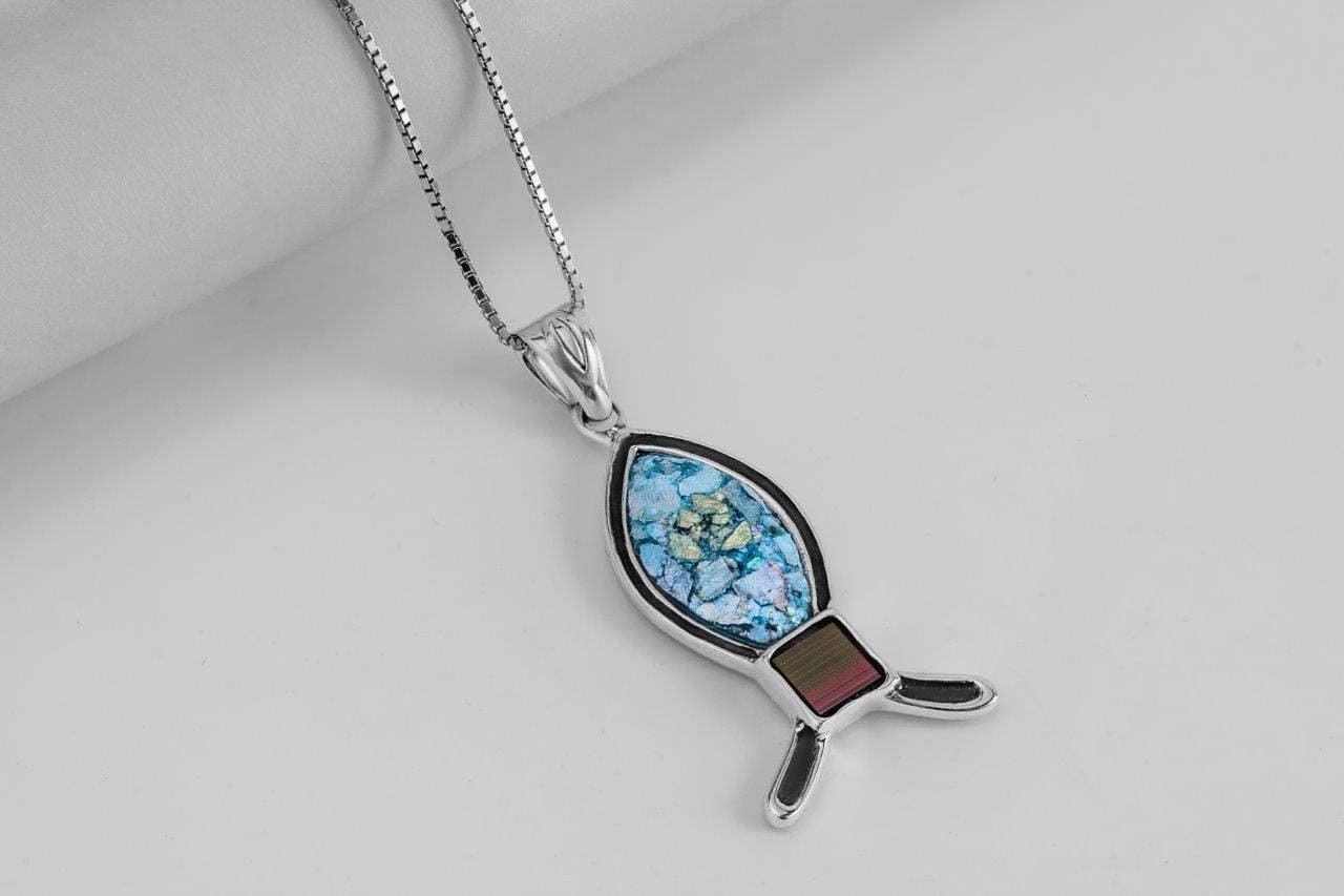 Nano Sim NT Silver Pendant - Ichthys symbol studded with Roman Glass From The Holy Land - Spring Nahal