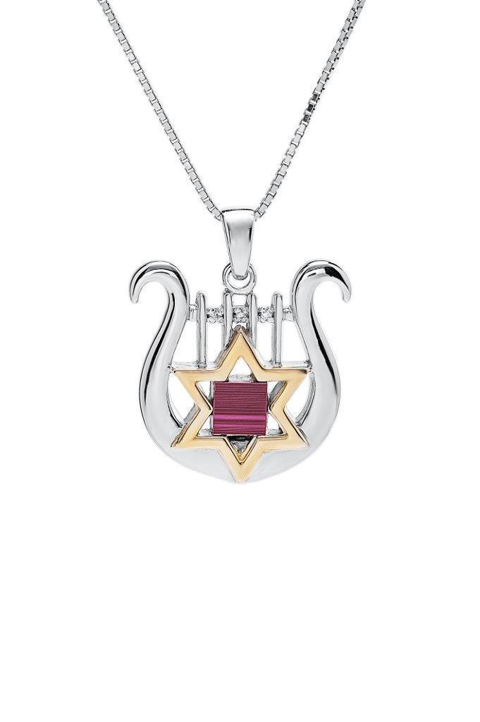 Nano Sim OB Silver and 9K Gold Pendant - David's Harp and Star of David From The Holy Land - Spring Nahal