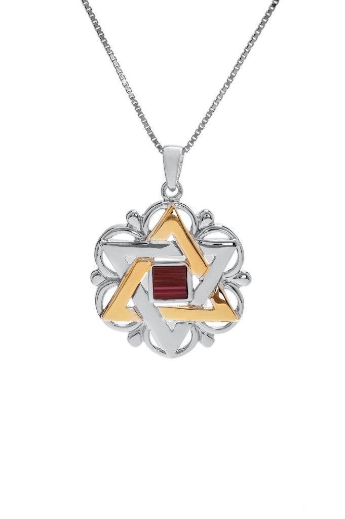 Nano Sim OB Silver and 9K Gold Pendant, Star of David with Floral Shape Holyland - Spring Nahal