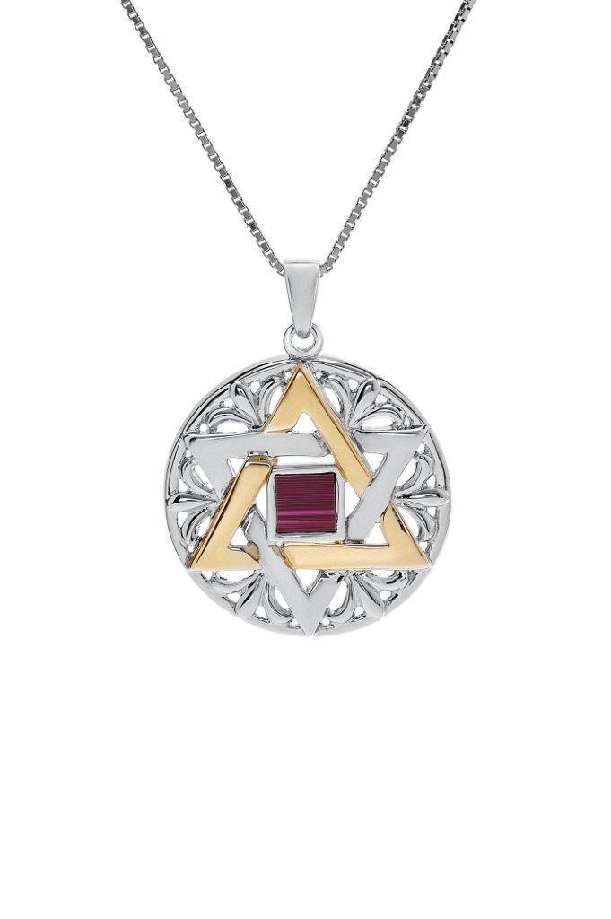 Nano Sim OB Silver and 9K Gold round Pendant Star of David with Floral ornaments - Spring Nahal